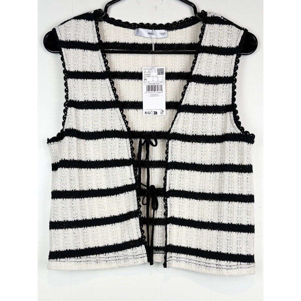 MNG Mango Women's Vest Crochet Knit Striped Black White Cropped Tie Front MED